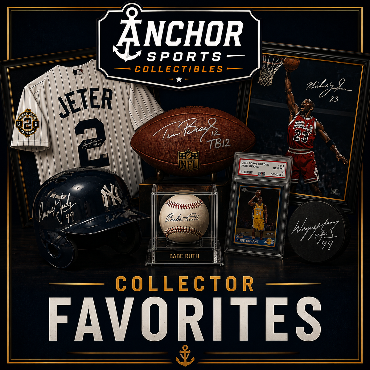 Premium collector favorites featuring authentic signed sports memorabilia from legendary athletes including Derek Jeter, Tom Brady, Michael Jordan, Babe Ruth, Kobe Bryant, and Wayne Gretzky.