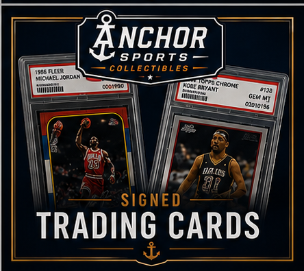 Authentic signed sports trading cards featuring legendary athletes, professionally authenticated collectible cards from Anchor Sports Collectibles.