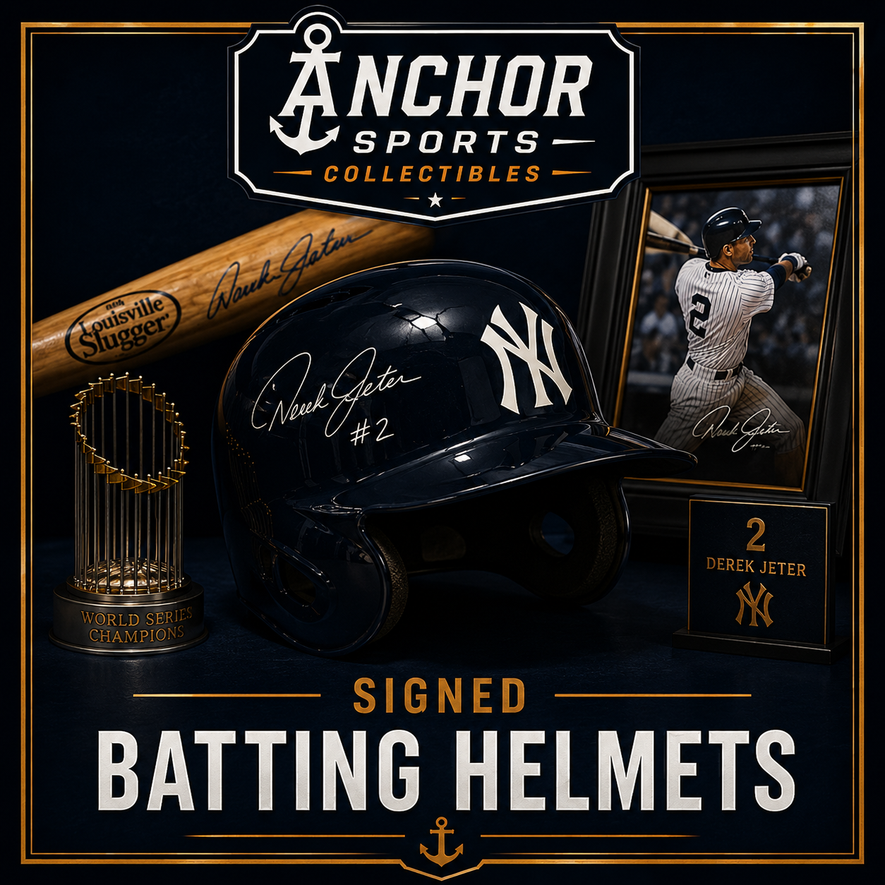 Authentic signed batting helmets from MLB stars and Hall of Fame baseball players.