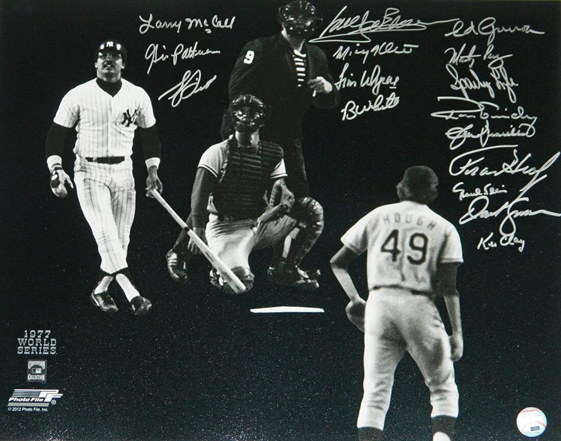 1977 New York Yankees Team Signed Yankees 1977 WS Reggie Jackson vs Charlie Hough B&W 16x20 Photo w/16 Signatures - YAN16P101 - 1977 New York Yankees Team Signed Yankees 1977 WS Reggie Jackson vs Charlie Hough B&W 16x20 Photo w/16 Signatures product image