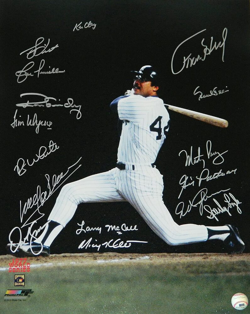 1977 New York Yankees Team Signed Yankees 1977 World Series Reggie Jackson Swinging 16x20 Photo w/16 Signatures - YAN16P100 - 1977 New York Yankees Team Signed Yankees 1977 World Series Reggie Jackson Swinging 16x20 Photo w/16 Signatures product image