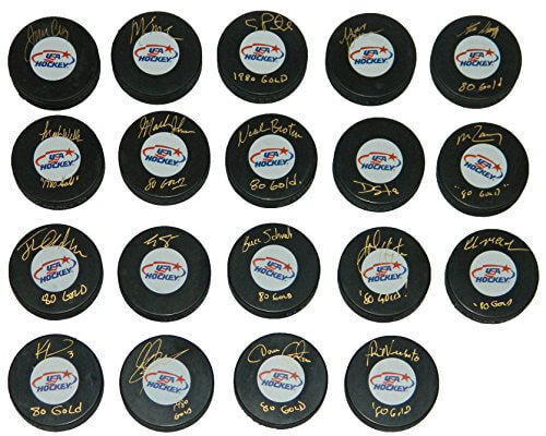 1980 USA Hockey 'Miracle On Ice' Team Signed Individual USA Hockey Logo Hockey Puck Set (19 - Pucks) - USAPUC400 - 1980 USA Hockey 'Miracle On Ice' Team Signed Individual USA Hockey Logo Hockey Puck Set (19 - Pucks) product image