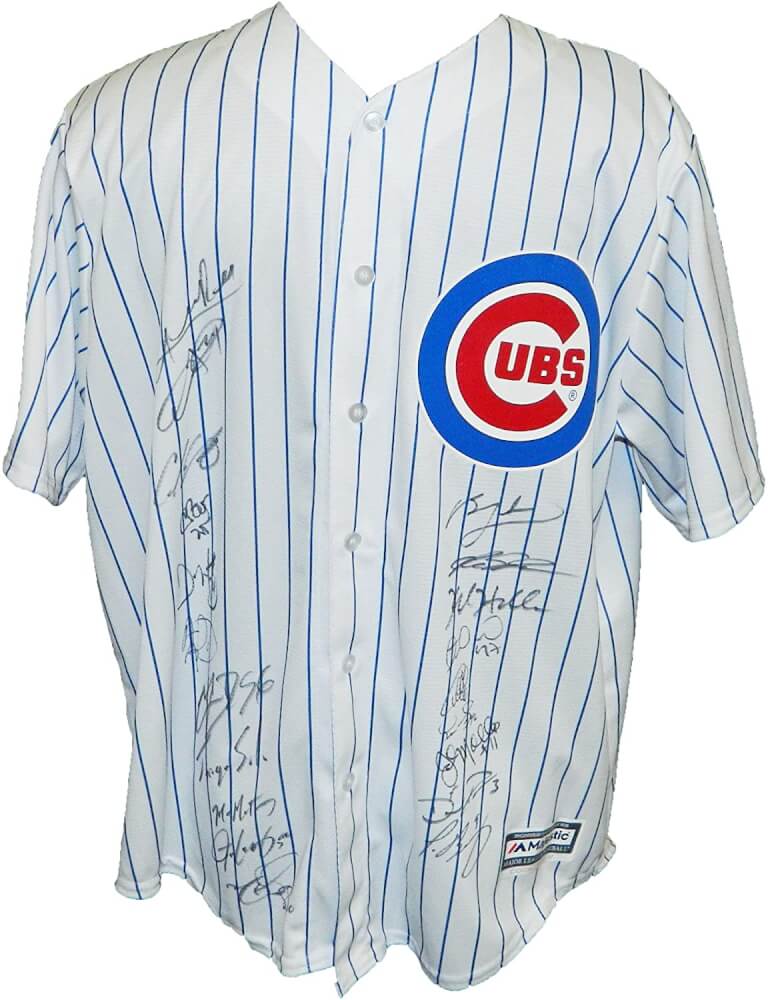 2016 Chicago Cubs Team Signed Chicago Cubs Joe Maddon White Pinstripe Majestic Jersey w/2016 WS Patch (21 Sigs) - CUBJRY110 - 2016 Chicago Cubs Team Signed Chicago Cubs Joe Maddon White Pinstripe Majestic Jersey w/2016 WS Patch (21 Sigs) product image