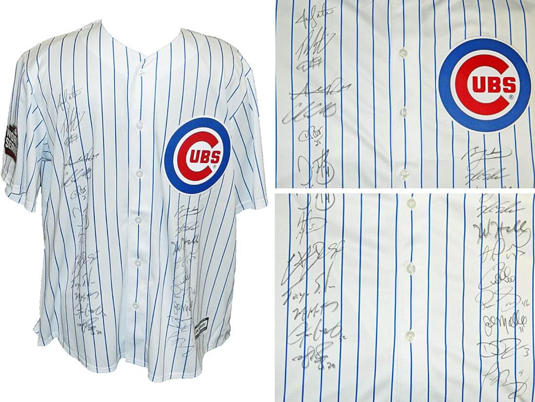 2016 Chicago Cubs Team Signed Chicago Cubs Joe Maddon White Pinstripe Majestic Jersey w/2016 WS Patch (23 Sigs) - CUBJRY118 - 2016 Chicago Cubs Team Signed Chicago Cubs Joe Maddon White Pinstripe Majestic Jersey w/2016 WS Patch (23 Sigs) product image