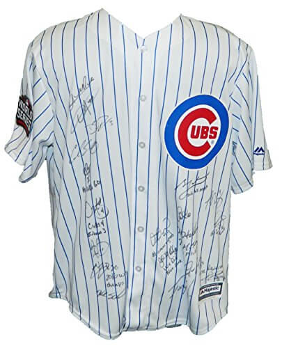 2016 Chicago Cubs Team Signed Cubs Ben Zobrist Pinstripe Majestic Jersey w/2016 WS Patch & 9 Insc. (21 Sigs) - CUBJRY112 - 2016 Chicago Cubs Team Signed Cubs Ben Zobrist Pinstripe Majestic Jersey w/2016 WS Patch & 9 Insc. (21 Sigs) product image