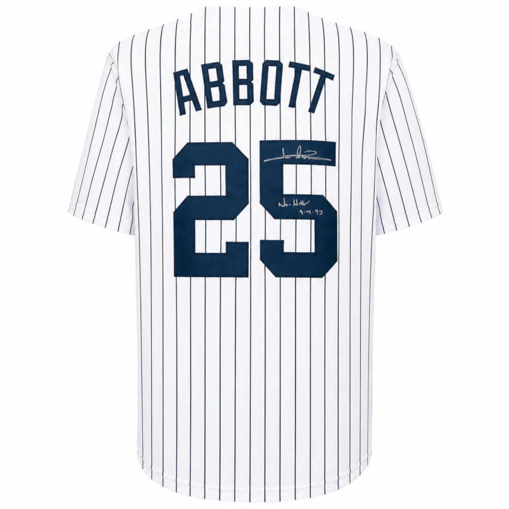 Jim Abbott Signed White Pinstripe Custom Baseball Jersey w/No Hitter 9-4-93 - ABBJRY102 - Jim Abbott Signed White Pinstripe Custom Baseball Jersey w/No Hitter 9-4-93 product image