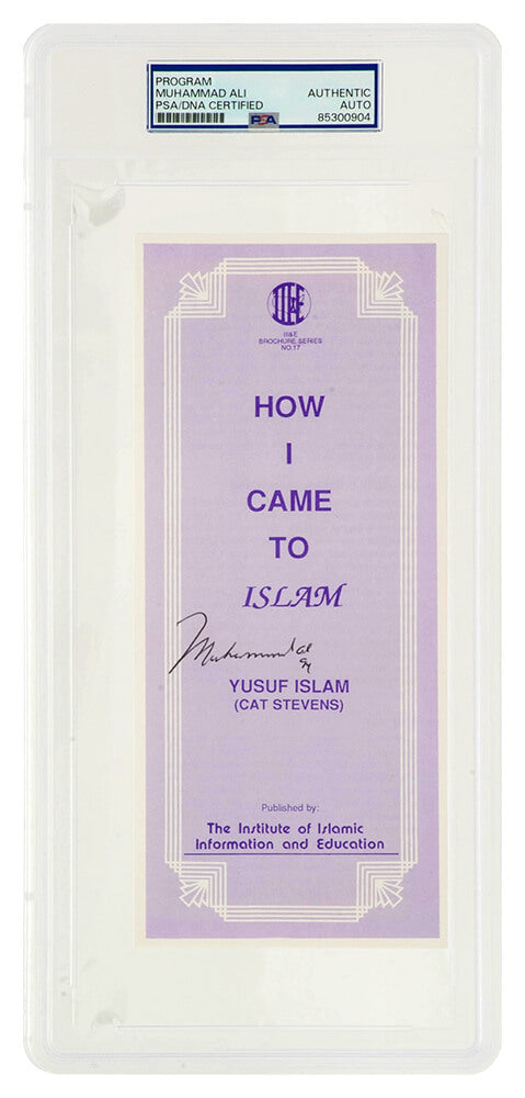 Muhammad Ali Signed Islamic Brochure Series NO.17 Purple 9x3 Pamplet - (PSA/DNA Encapsulated) - ALICUT505 - Muhammad Ali Signed Islamic Brochure Series NO.17 Purple 9x3 Pamplet - (PSA/DNA Encapsulated) product image