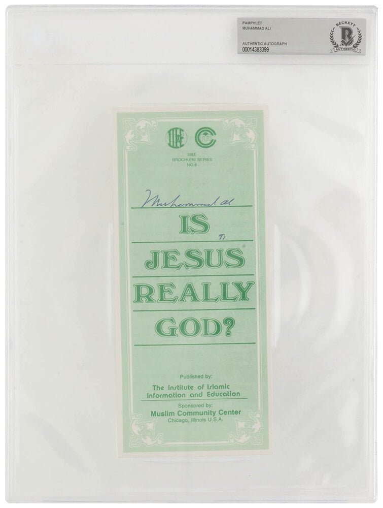 Muhammad Ali Signed Islamic Brochure Series No.8 Green 9x3 Pamplet - (Beckett Encapsulated) - ALICUT506 - Muhammad Ali Signed Islamic Brochure Series No.8 Green 9x3 Pamplet - (Beckett Encapsulated) product image