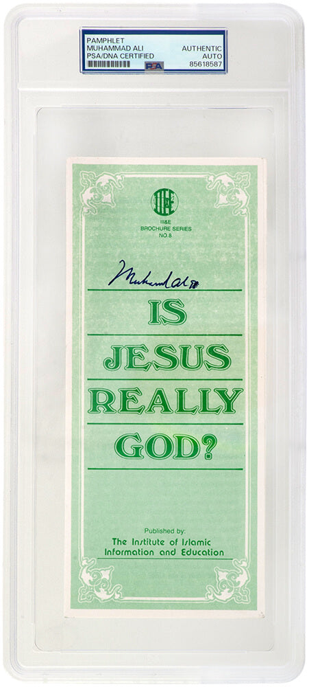 Muhammad Ali Signed Islamic Brochure 'Is Jesus Really God' Green 9x3 Pamplet - (PSA/DNA Encapsulated) - ALICUT507 - Muhammad Ali Signed Islamic Brochure 'Is Jesus Really God' Green 9x3 Pamplet - (PSA/DNA Encapsulated) product image