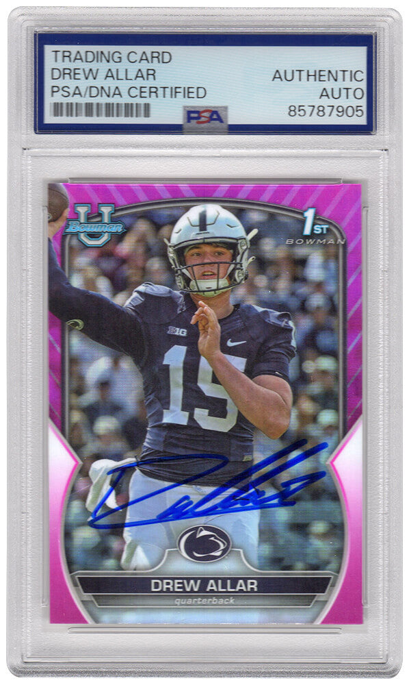 Drew Allar Signed Penn State 2022 Bowman University Pink Refractor Chrome Football Card #59 - (PSA Encapsulated) - ALLCAR311 - Drew Allar Signed Penn State 2022 Bowman University Pink Refractor Chrome Football Card #59 - (PSA Encapsulated) product image