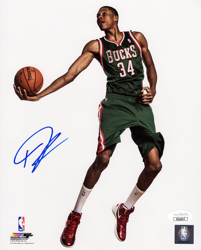 Giannis Antetokounmpo Signed Milwaukee Bucks Green Jersey Holding Basketball Pose 8x10 Photo - (JSA) - ANT08P202 - Giannis Antetokounmpo Signed Milwaukee Bucks Green Jersey Holding Basketball Pose 8x10 Photo - (JSA) product image