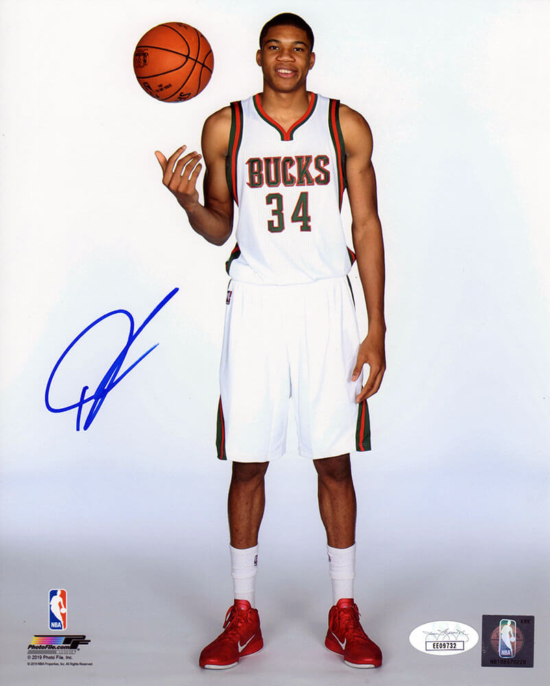 Giannis Antetokounmpo Signed Milwaukee Bucks White Jersey Standing With Basketball Pose 8x10 Photo - (JSA) - ANT08P203 - Giannis Antetokounmpo Signed Milwaukee Bucks White Jersey Standing With Basketball Pose 8x10 Photo - (JSA) product image