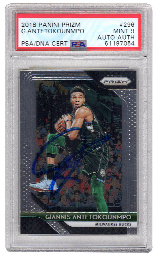 Giannis Antetokounmpo Signed Milwaukee Bucks 2018 Panini Prizm Basketball Card #296 - (PSA / Auto Grade 9) - ANTCAR200 - Giannis Antetokounmpo Signed Milwaukee Bucks 2018 Panini Prizm Basketball Card #296 - (PSA / Auto Grade 9) product image