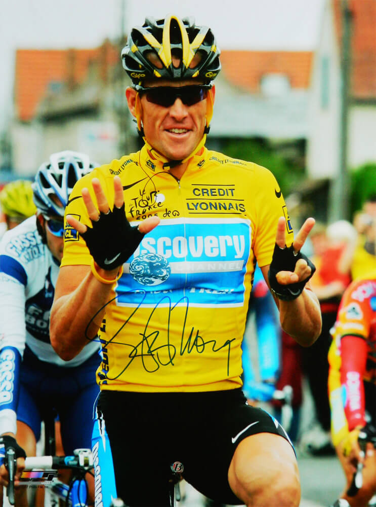 Lance Armstrong Signed 2005 Tour De France Holding Up Seven Fingers 16x20 Photo - ARM16P500 - Lance Armstrong Signed 2005 Tour De France Holding Up Seven Fingers 16x20 Photo product image