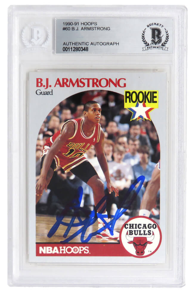 B.J. Armstrong Signed Chicago Bulls 1990-91 Hoops Basketball Rookie Card #60 - (Beckett Encapsulated) - ARMCAR200 - B.J. Armstrong Signed Chicago Bulls 1990-91 Hoops Basketball Rookie Card #60 - (Beckett Encapsulated) product image