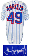 Jake Arrieta Signed Chicago Cubs White Pinstripe Majestic Jersey - ARRJRY100 - Jake Arrieta Signed Chicago Cubs White Pinstripe Majestic Jersey product image