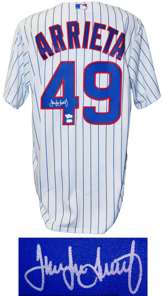 Jake Arrieta Signed Chicago Cubs White Pinstripe Majestic Jersey - ARRJRY100 - Jake Arrieta Signed Chicago Cubs White Pinstripe Majestic Jersey product image