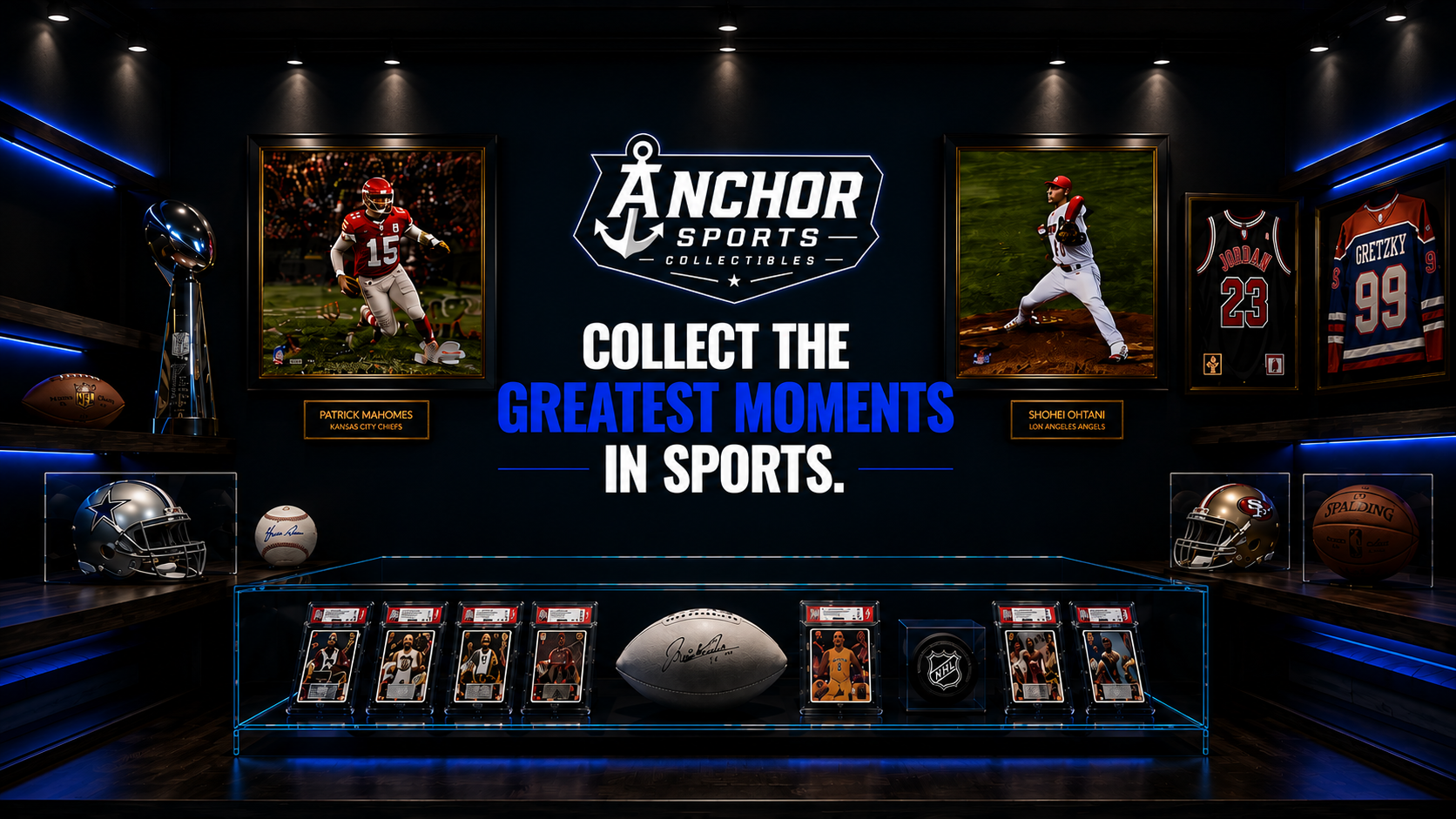 A dark sports memorabilia display wall with framed player photos, jerseys, helmets, balls, and trading cards arranged around a central Anchor Sports logo and the text 'Collect the Greatest Moments in Sports.'.
