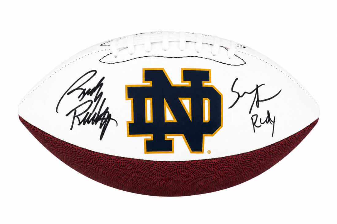 Sean Astin & Rudy Ruettiger Dual Signed Notre Dame Logo Brands White Logo Football w/Rudy - ASTFTB500 - Sean Astin & Rudy Ruettiger Dual Signed Notre Dame Logo Brands White Logo Football w/Rudy product image