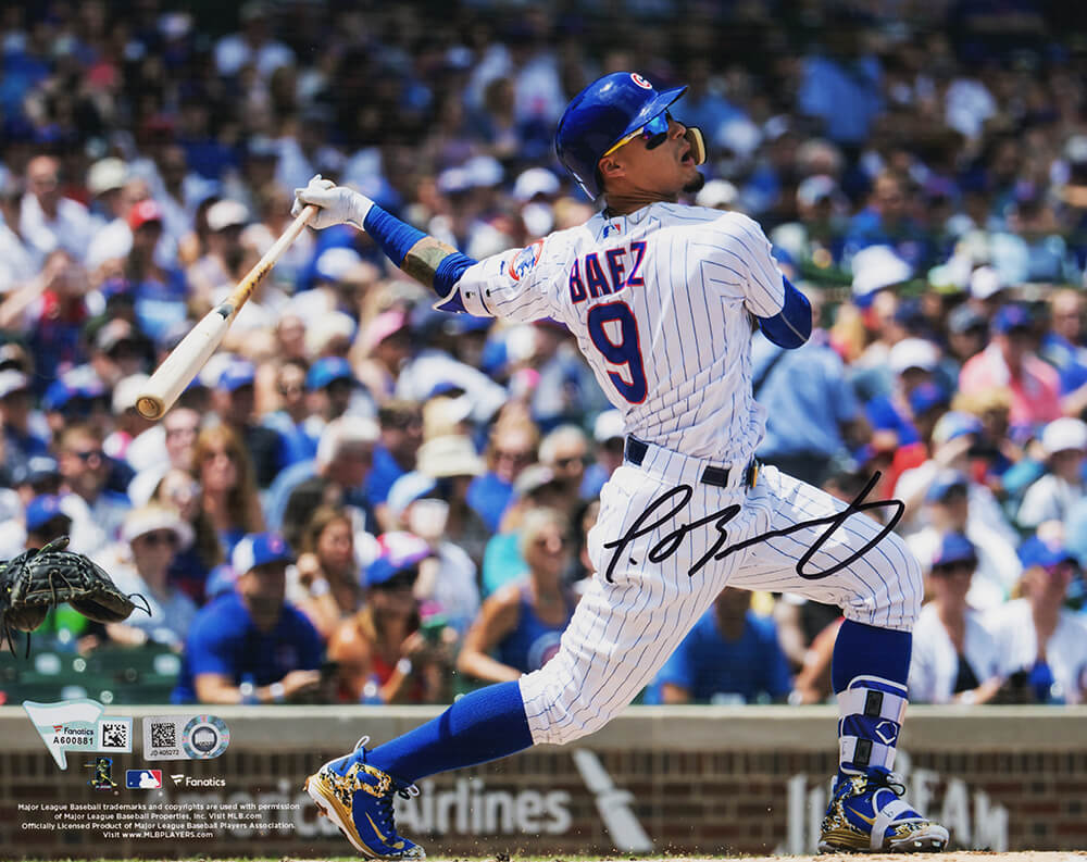 Javier Baez Signed Chicago Cubs White Pinstripe Jersey Swinging 8x10 Photo - (Fanatics) - BAE08P107 - Javier Baez Signed Chicago Cubs White Pinstripe Jersey Swinging 8x10 Photo - (Fanatics) product image