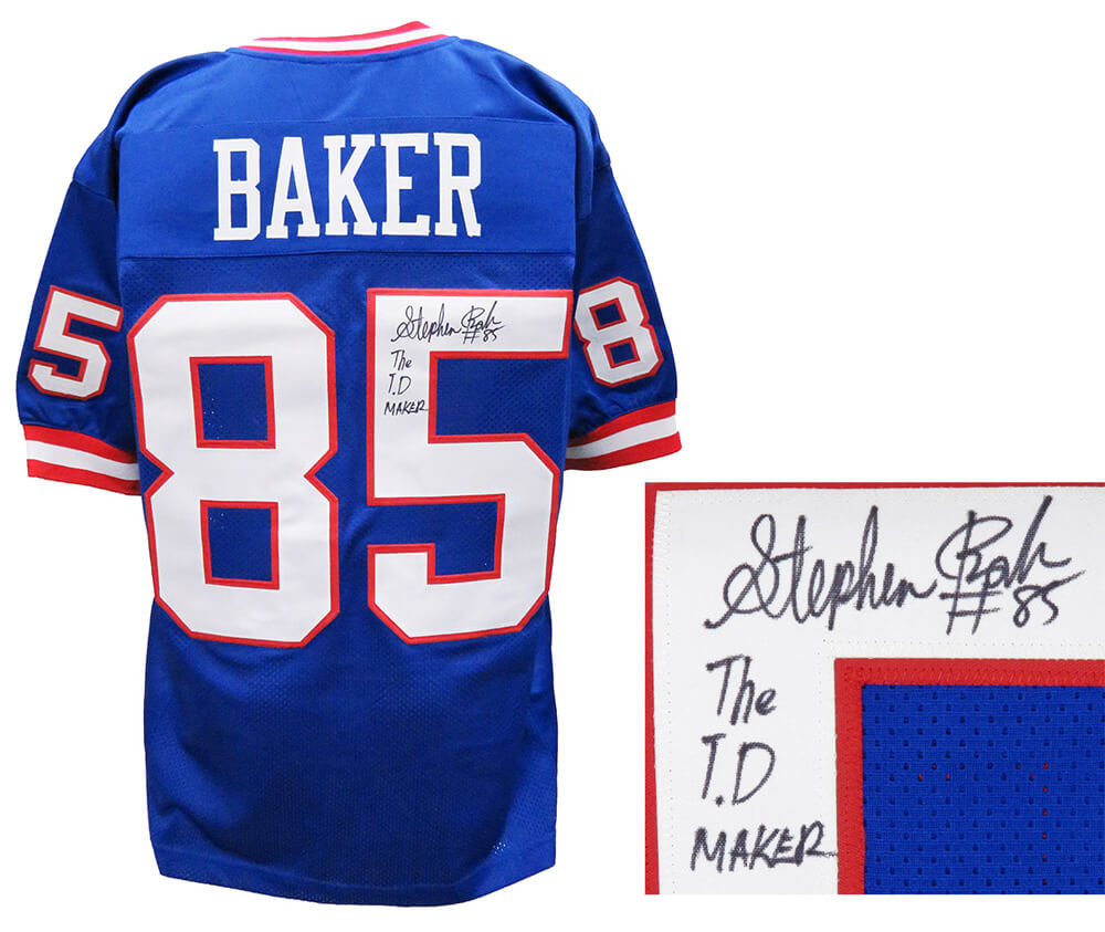 Stephen Baker Signed Blue Throwback Custom Football Jersey w/The T.D. Maker - BAKJRY300 - Stephen Baker Signed Blue Throwback Custom Football Jersey w/The T.D. Maker product image