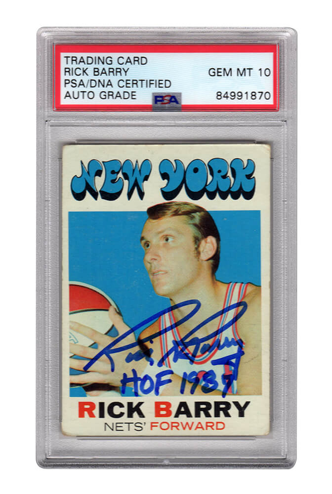 Rick Barry Signed NY Nets 1971 Topps Rookie Basketball Card #170 w/HOF 1987 - (PSA Encapsulated - Auto Grade 10) - BARCAR202 - Rick Barry Signed NY Nets 1971 Topps Rookie Basketball Card #170 w/HOF 1987 - (PSA Encapsulated - Auto Grade 10) product image