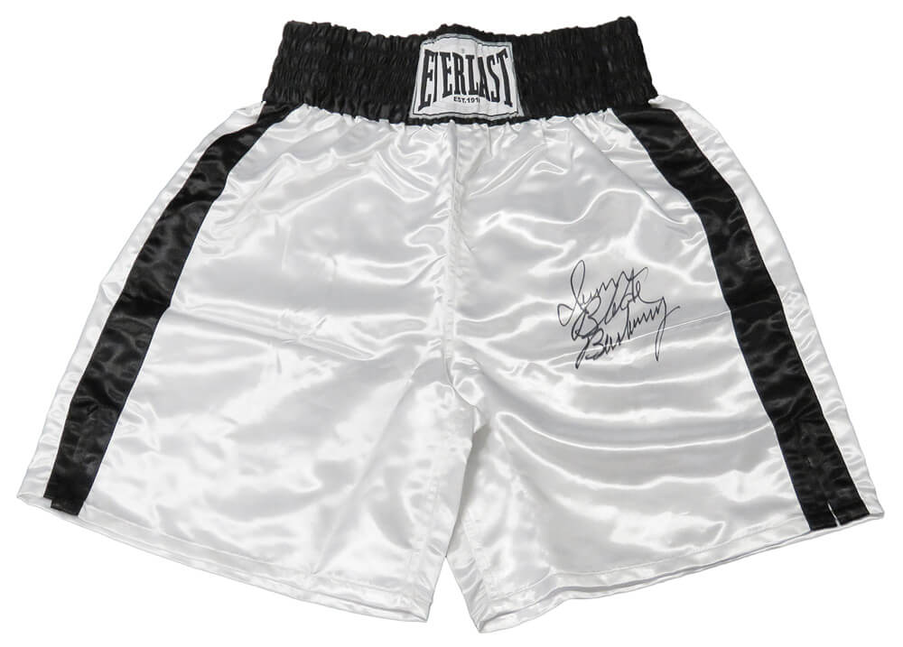 Iran Barkley Signed Everlast White Boxing Trunks w/Blade - BARTRU500 - Iran Barkley Signed Everlast White Boxing Trunks w/Blade product image