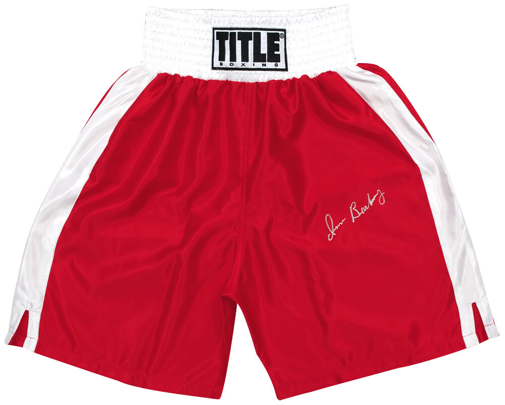 Iran Barkley Signed Title Red With White Trim Boxing Trunks - BARTRU501 - Iran Barkley Signed Title Red With White Trim Boxing Trunks product image
