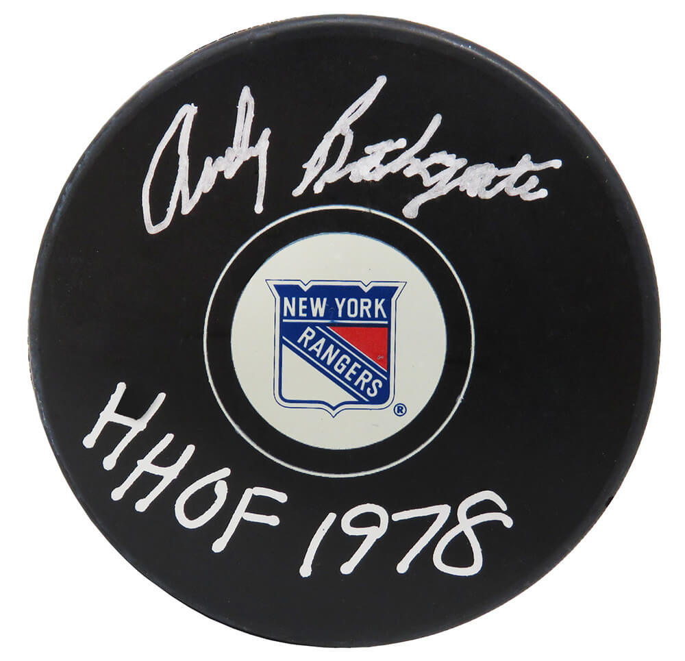 Andy Bathgate Signed New York Rangers Logo Hockey Puck w/HHOF 1978 - BATPUC400 - Andy Bathgate Signed New York Rangers Logo Hockey Puck w/HHOF 1978 product image