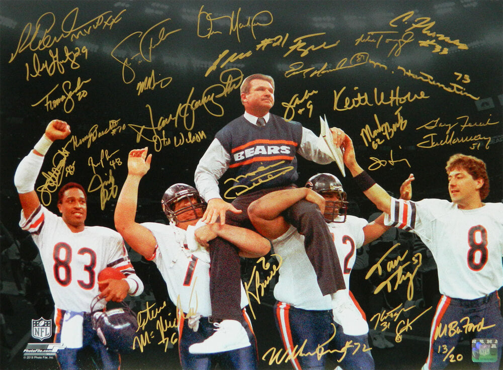 1985 Chicago Bears Team Signed Super Bowl XX Ditka Carried Off Field Spotlight 16x20 Photo LE/20 (31 Sigs) - BEA16P332 - 1985 Chicago Bears Team Signed Super Bowl XX Ditka Carried Off Field Spotlight 16x20 Photo LE/20 (31 Sigs) product image