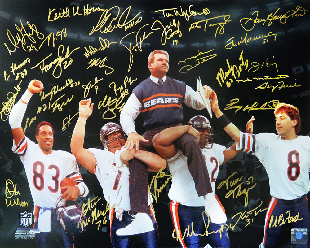 1985 Chicago Bears Team Signed Super Bowl XX Ditka Carried Off Field Spotlight 16x20 Photo LE/20 (34 Sigs) - BEA16P340 - 1985 Chicago Bears Team Signed Super Bowl XX Ditka Carried Off Field Spotlight 16x20 Photo LE/20 (34 Sigs) product image