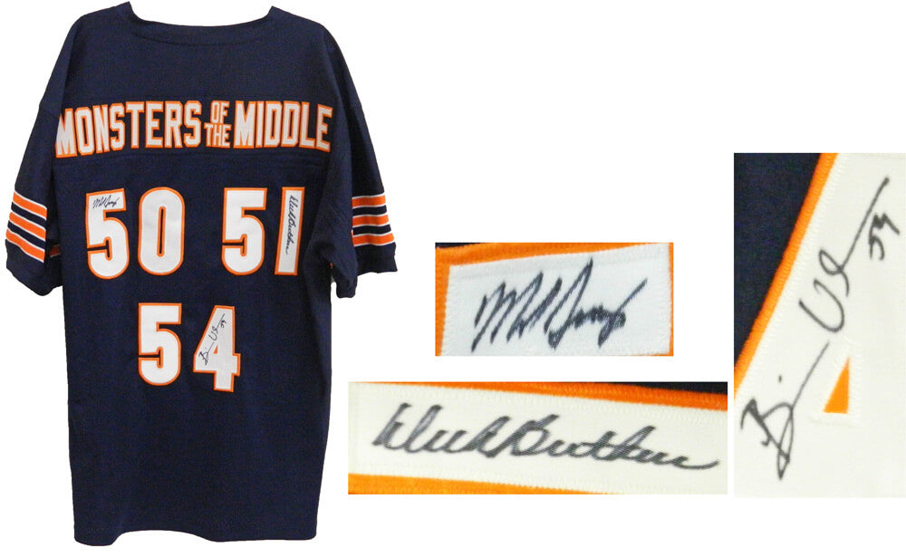 Dick Butkus, Mike Singletary, Brian Urlacher Signed Navy Custom Monsters of the Middle Jersey - BEAJRY300 - Dick Butkus, Mike Singletary, Brian Urlacher Signed Navy Custom Monsters of the Middle Jersey product image