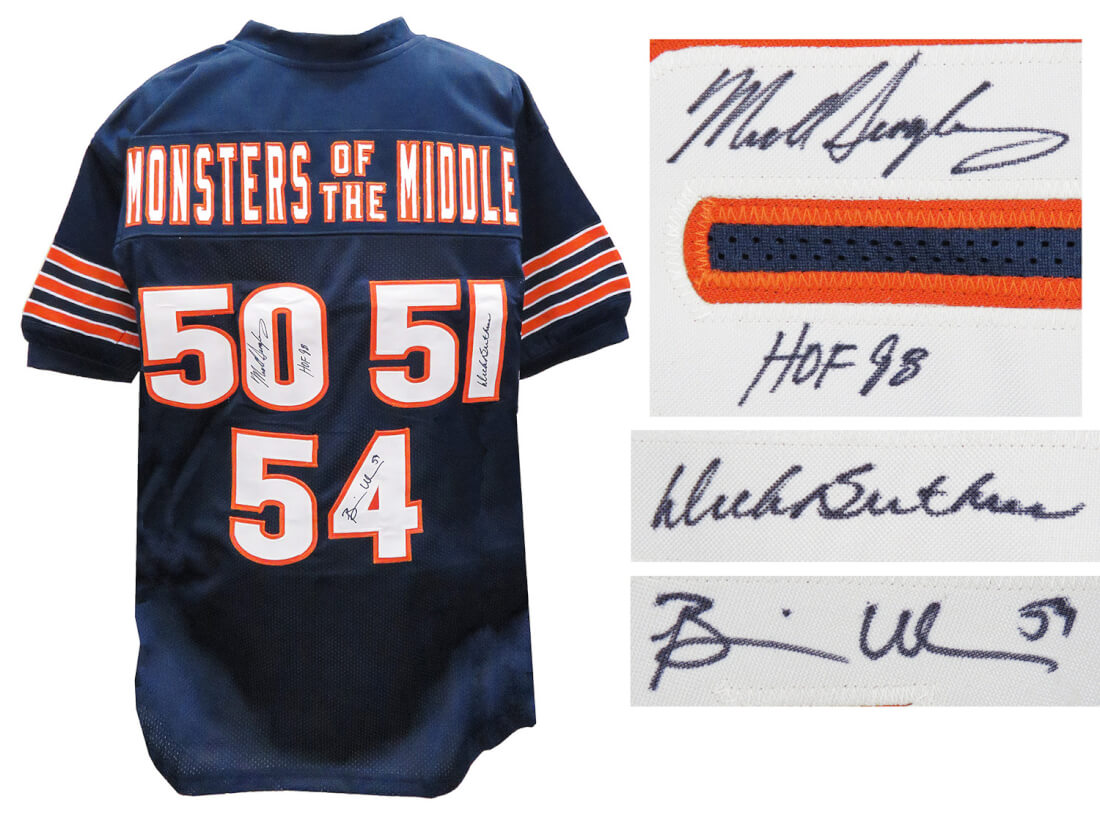 Dick Butkus, Mike Singletary, Brian Urlacher Signed Navy Custom Monsters of the Middle Football Jersey - BEAJRY301 - Dick Butkus, Mike Singletary, Brian Urlacher Signed Navy Custom Monsters of the Middle Football Jersey product image
