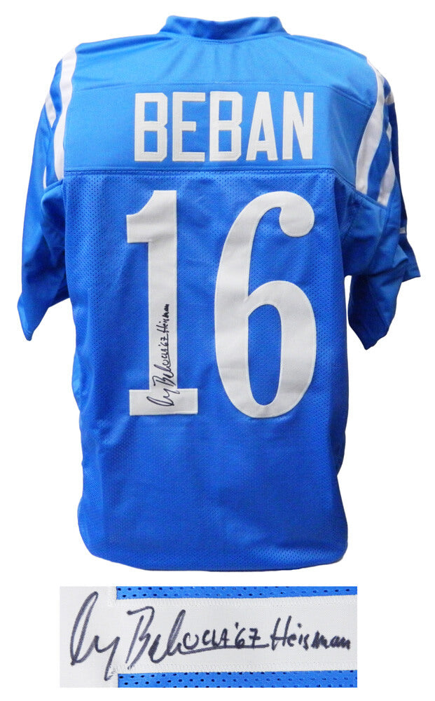 Gary Beban Signed Blue Throwback Custom College Jersey w/Heisman'67 - BEBJRY300 - Gary Beban Signed Blue Throwback Custom College Jersey w/Heisman'67 product image