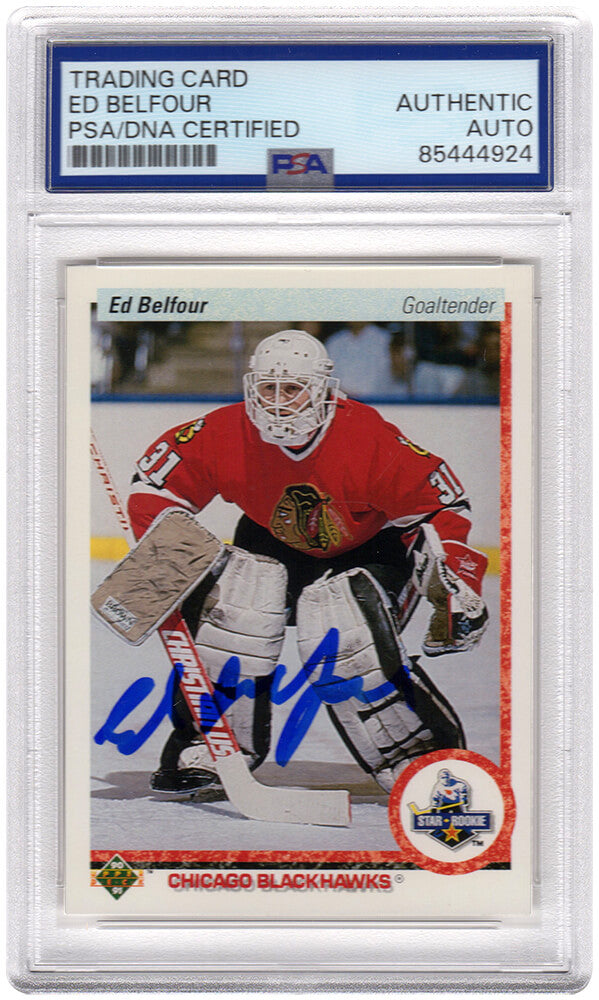 Ed Belfour Signed Chicago Blackhawks 1990-91 Upper Deck Hockey Rookie Card #55 - (PSA Encapsulated) - BELCAR402 - Ed Belfour Signed Chicago Blackhawks 1990-91 Upper Deck Hockey Rookie Card #55 - (PSA Encapsulated) product image