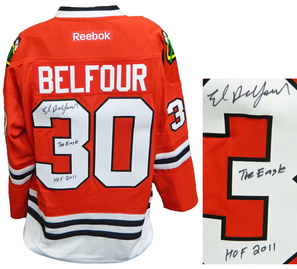Ed Belfour Signed Chicago Blackhawks Red Reebok Premier Hockey Jersey w/The Eagle, HOF 2011 - BELJRY407 - Ed Belfour Signed Chicago Blackhawks Red Reebok Premier Hockey Jersey w/The Eagle, HOF 2011 product image