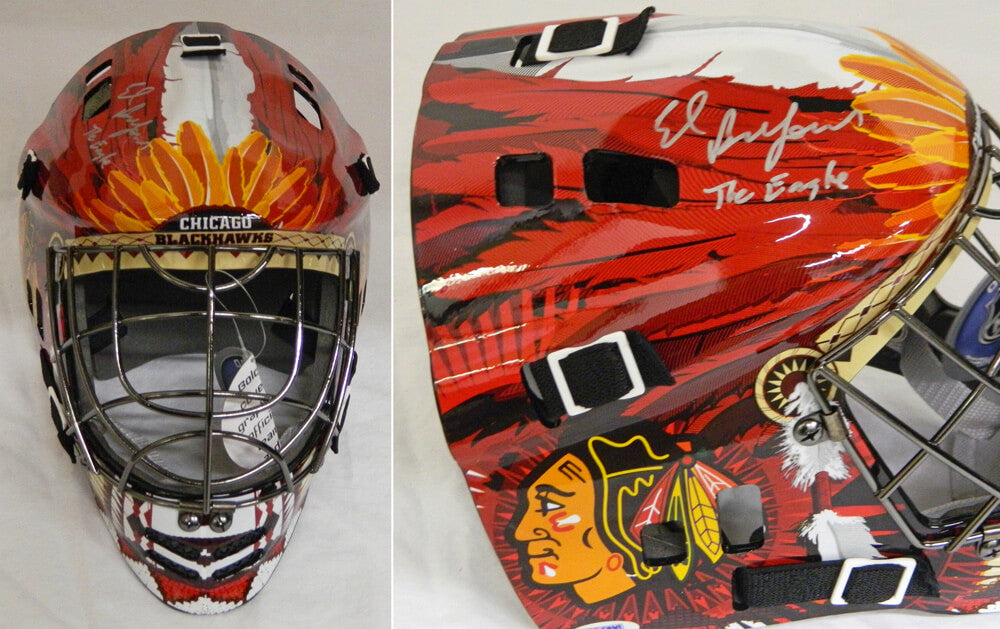 Ed Belfour Signed Chicago Blackhawks Replica Goalie Mask w/The Eagle - BELMAS401 - Ed Belfour Signed Chicago Blackhawks Replica Goalie Mask w/The Eagle product image