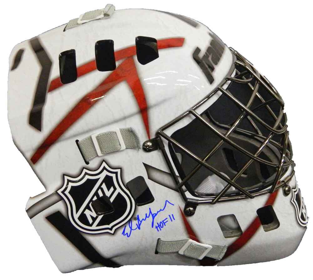Ed Belfour Signed NHL Logo White Replica Goalie Mask w/HOF 11 - BELMAS402 - Ed Belfour Signed NHL Logo White Replica Goalie Mask w/HOF 11 product image
