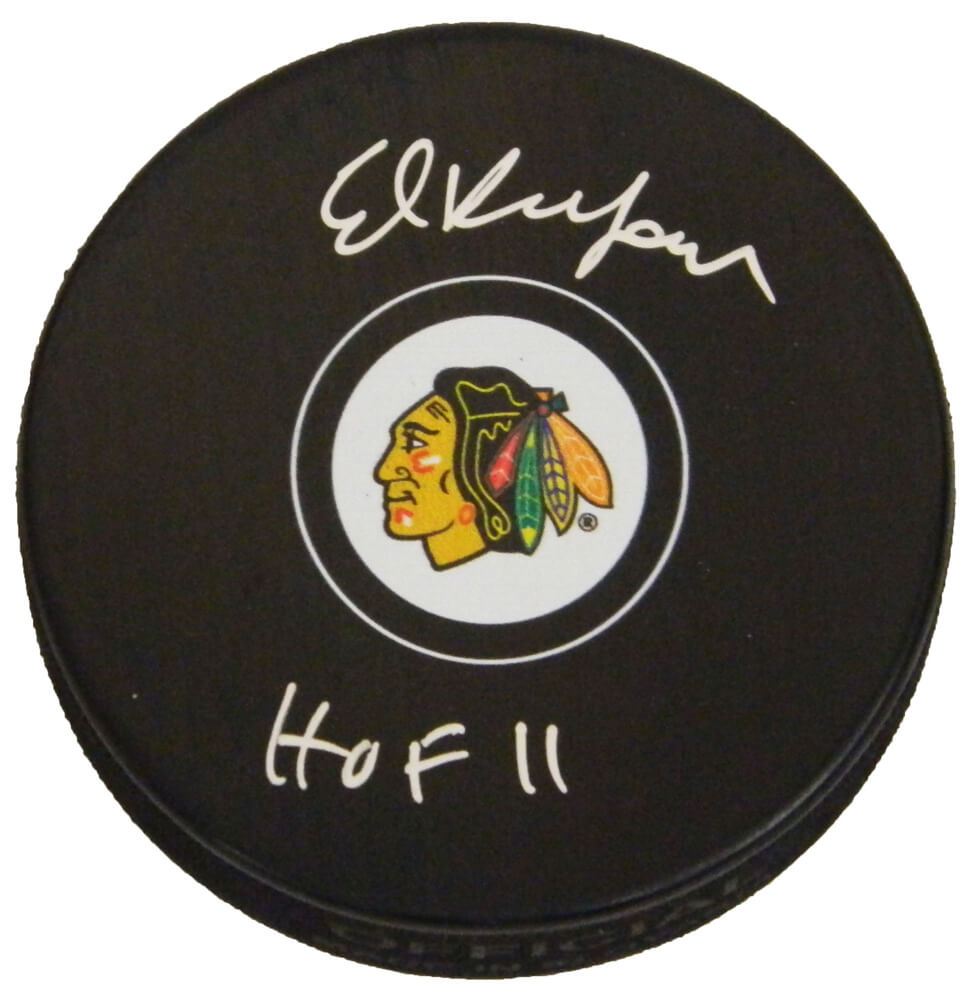 Ed Belfour Signed Chicago Blackhawks Logo Hockey Puck w/HOF 11 - BELPUC405 - Ed Belfour Signed Chicago Blackhawks Logo Hockey Puck w/HOF 11 product image