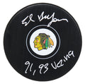 Ed Belfour Signed Chicago Blackhawks Logo Hockey Puck w/91, 93 Vezina - BELPUC406 - Ed Belfour Signed Chicago Blackhawks Logo Hockey Puck w/91, 93 Vezina product image