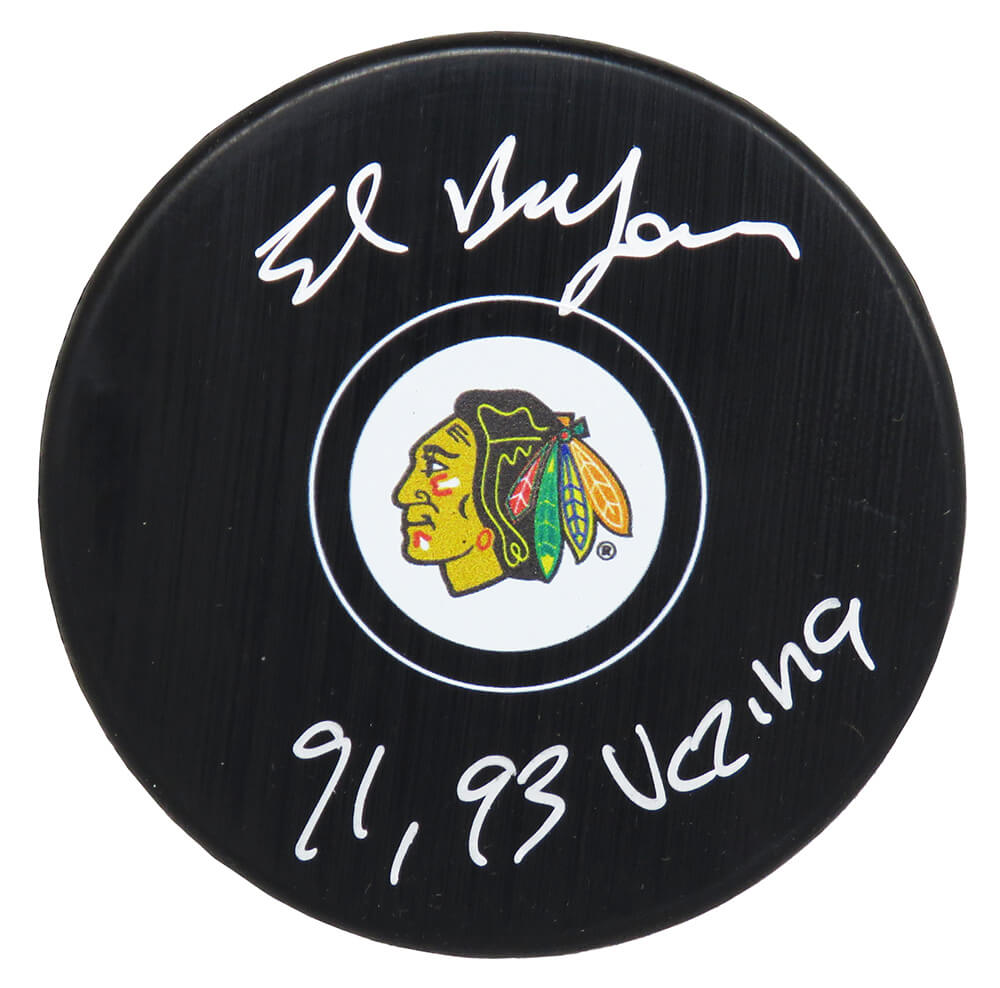 Ed Belfour Signed Chicago Blackhawks Logo Hockey Puck w/91, 93 Vezina - BELPUC406 - Ed Belfour Signed Chicago Blackhawks Logo Hockey Puck w/91, 93 Vezina product image