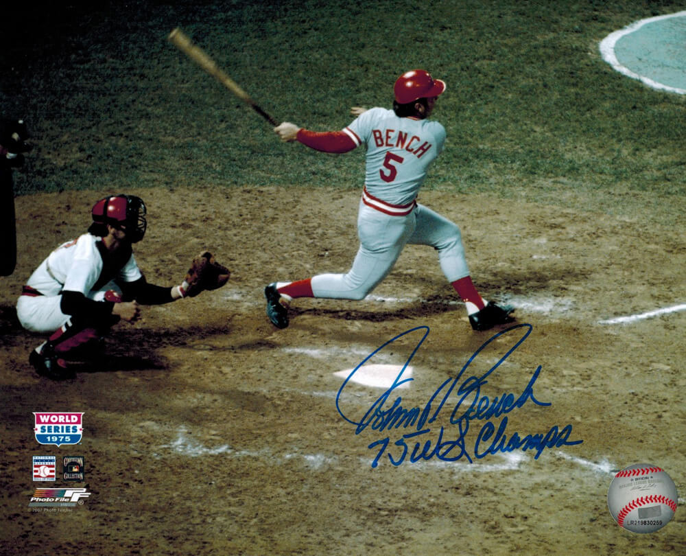 Johnny Bench Signed Reds WS Action 8x10 Photo w/75 WS Champs - BEN08P100 - Johnny Bench Signed Reds WS Action 8x10 Photo w/75 WS Champs product image