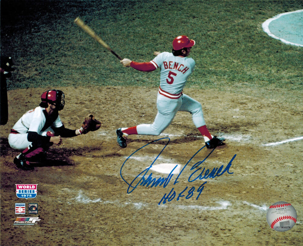 Johnny Bench Signed Reds 1975 WS Batting Action 8x10 Photo w/HOF'89 - BEN08P101 - Johnny Bench Signed Reds 1975 WS Batting Action 8x10 Photo w/HOF'89 product image