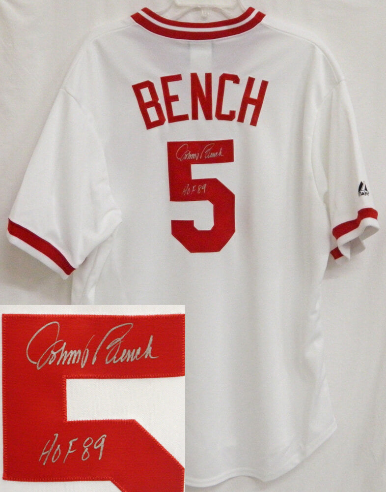 Johnny Bench Signed Reds White Cooperstown Jersey w/HOF'89 - BENJRY100 - Johnny Bench Signed Reds White Cooperstown Jersey w/HOF'89 product image