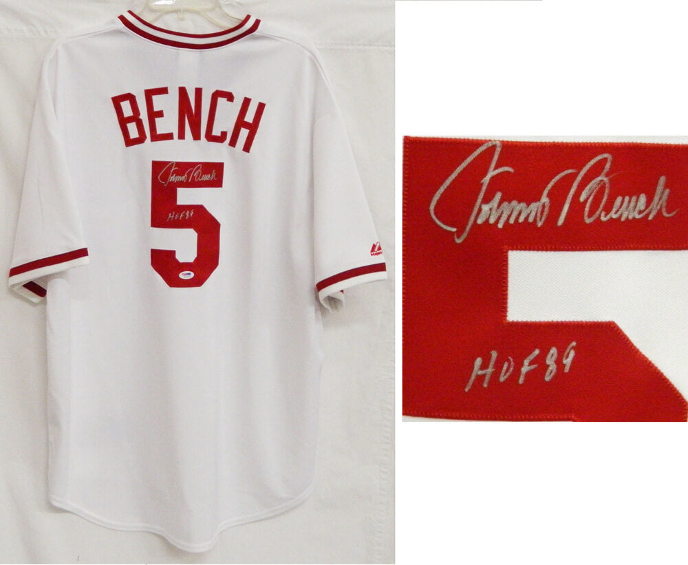 Johnny Bench Signed Reds White Cooperstown Jersey w/HOF'89 - PSA/DNA - BENJRY101 - Johnny Bench Signed Reds White Cooperstown Jersey w/HOF'89 - PSA/DNA product image