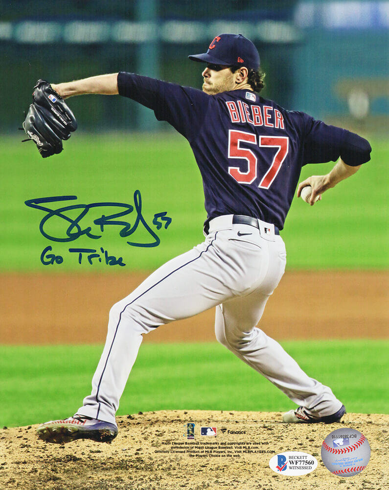 Shane Bieber Signed Cleveland Indians Pitching 8x10 Photo w/Go Tribe (Beckett) - BIE08P100 - Shane Bieber Signed Cleveland Indians Pitching 8x10 Photo w/Go Tribe (Beckett) product image