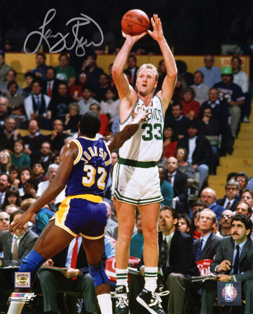 Larry Bird Signed Boston Celtics Shooting Over Magic Johnson 8x10 Photo - BIR08P214 - Larry Bird Signed Boston Celtics Shooting Over Magic Johnson 8x10 Photo product image