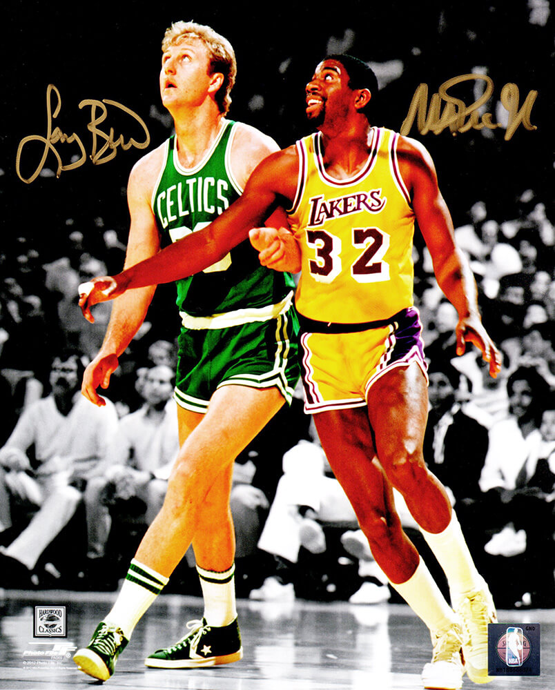 Larry Bird & Magic Johnson Dual Signed Celtics vs Lakers NBA Action Spotlight 8x10 Photo - BIR08P223 - Larry Bird & Magic Johnson Dual Signed Celtics vs Lakers NBA Action Spotlight 8x10 Photo product image
