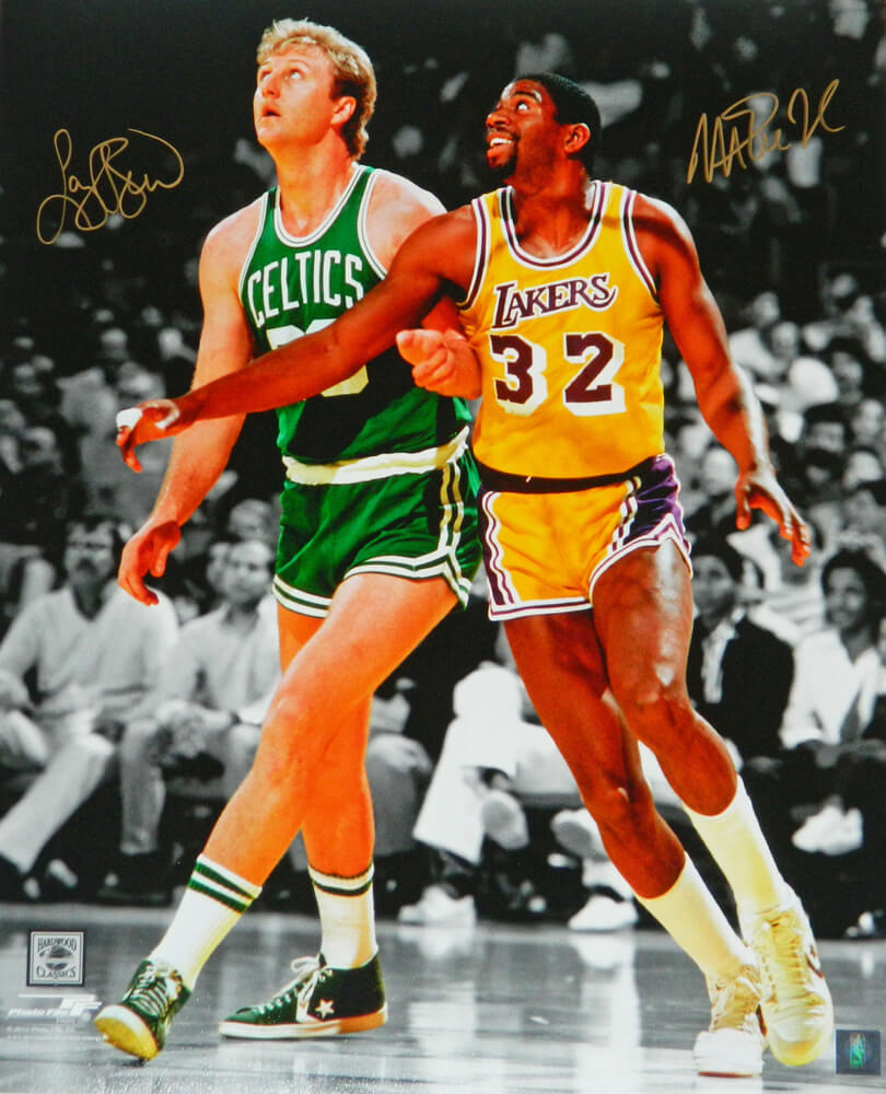 Larry Bird & Magic Johnson Dual Signed Boston Celtics vs Los Angeles Lakers NBA Action Spotlight 16x20 Photo - BIR16P240 - Larry Bird & Magic Johnson Dual Signed Boston Celtics vs Los Angeles Lakers NBA Action Spotlight 16x20 Photo product image