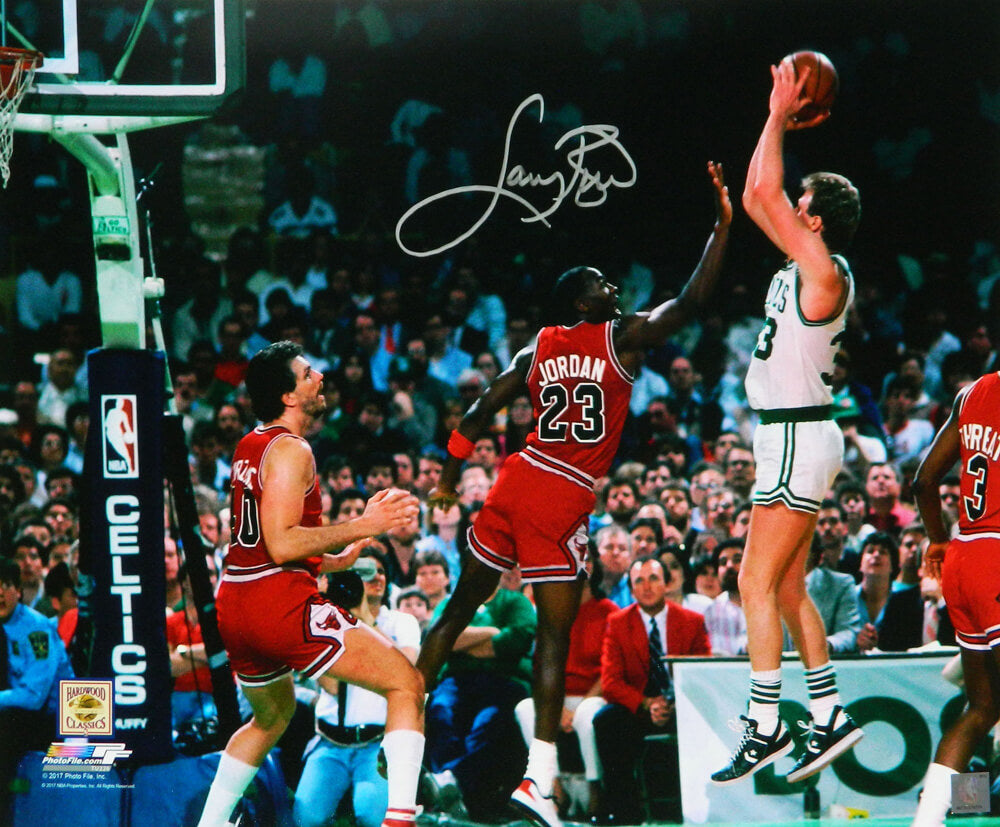Larry Bird Signed Boston Celtics Shooting Over Michael Jordan 16x20 Photo - BIR16P250 - Larry Bird Signed Boston Celtics Shooting Over Michael Jordan 16x20 Photo product image